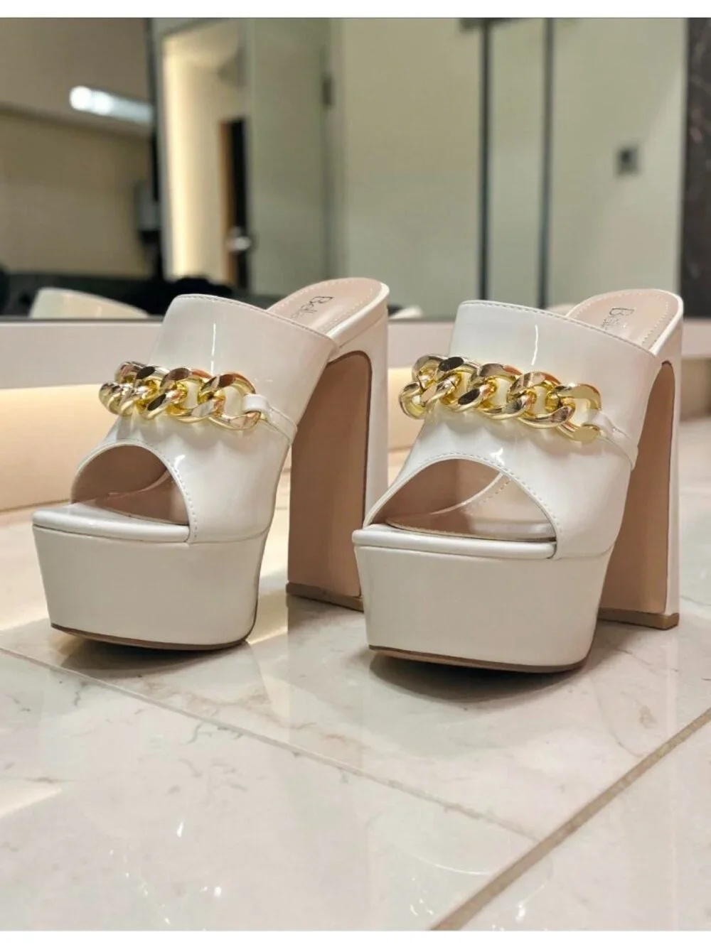 White Platform Heels With Gold Chain Detail Open Toe Patent Finish & Chunky Bloc